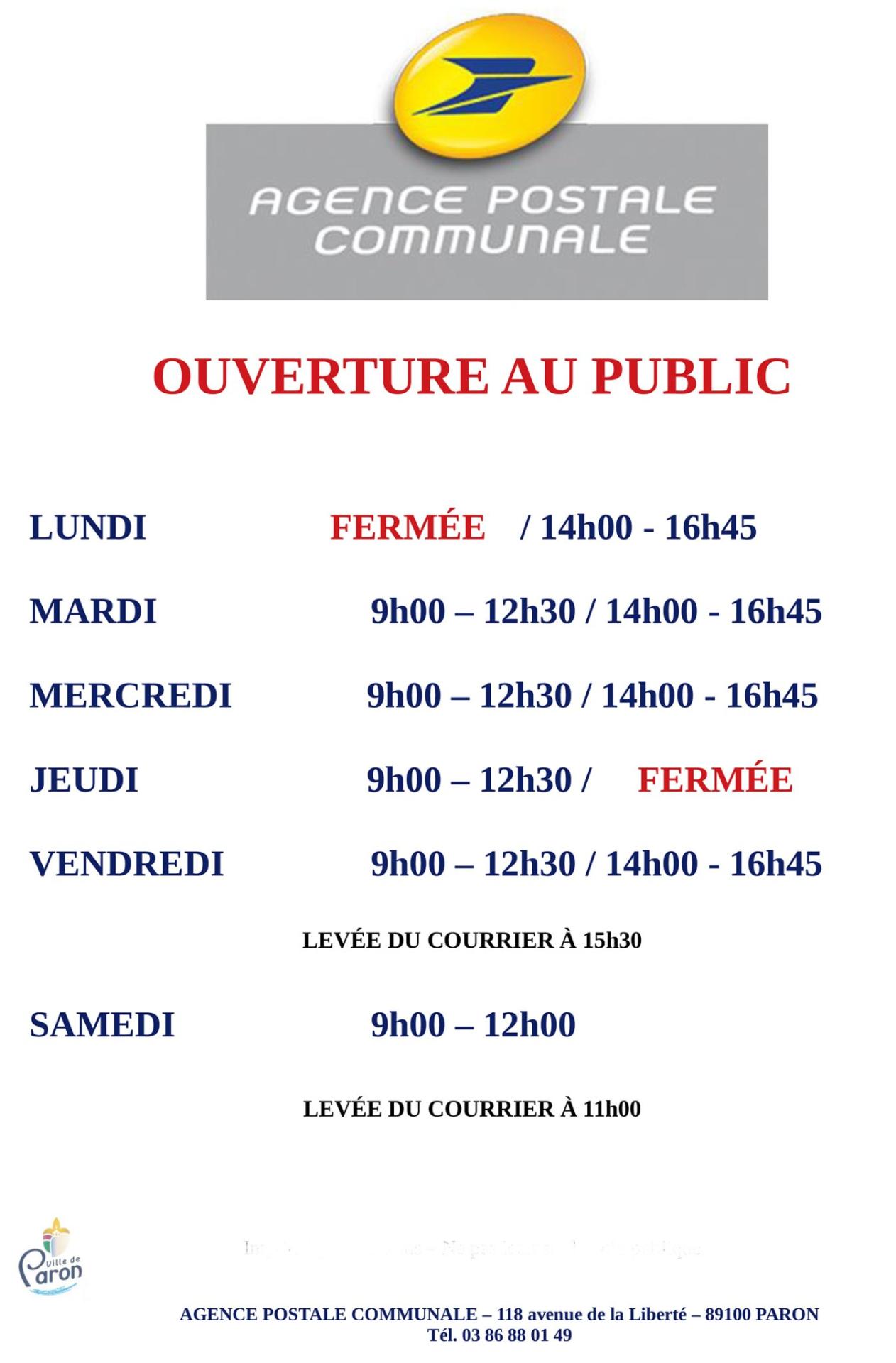 horaire agence postale de paron