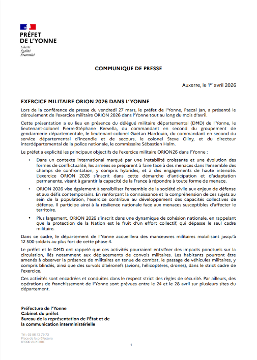 Exercice militaire Orion dans L’Yonne 