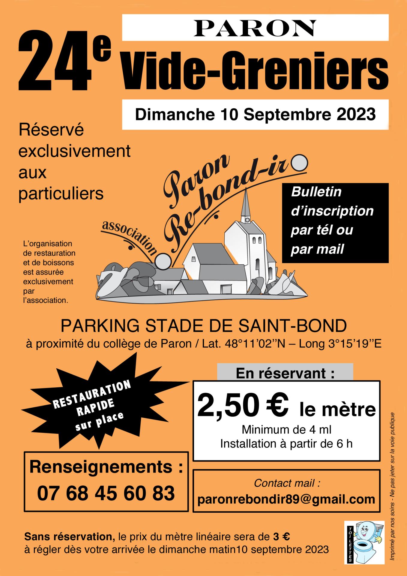 24ème Vide-Greniers de Paron - Dimanche 10 Septembre 2023