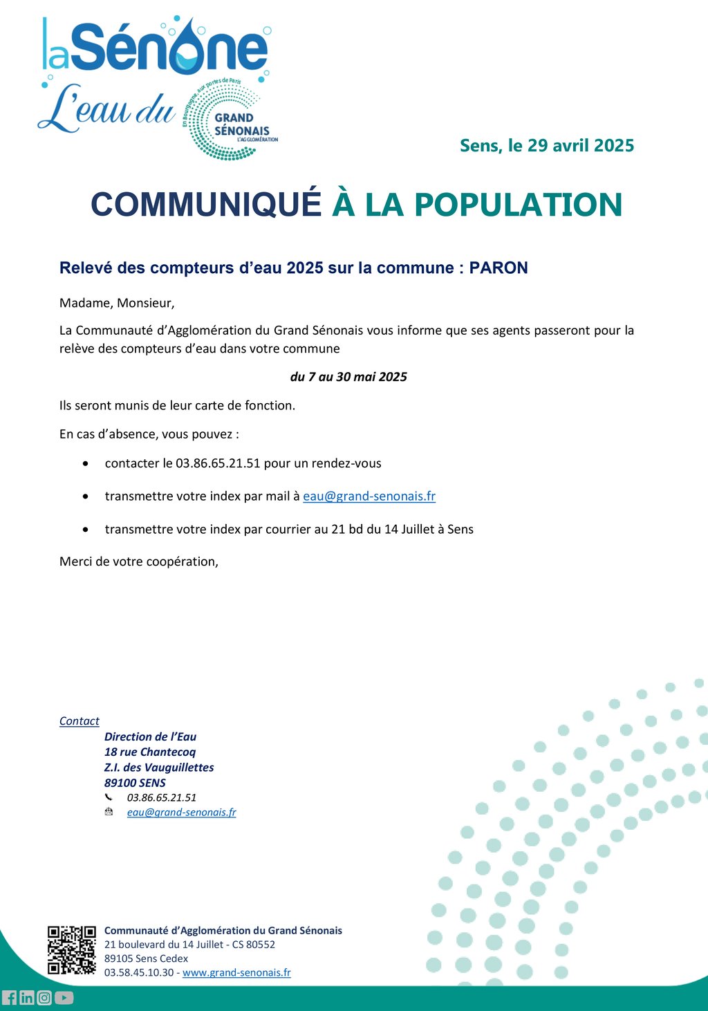 RELÈVE ANNUELLE 2025 DES COMPTEURS D'EAU