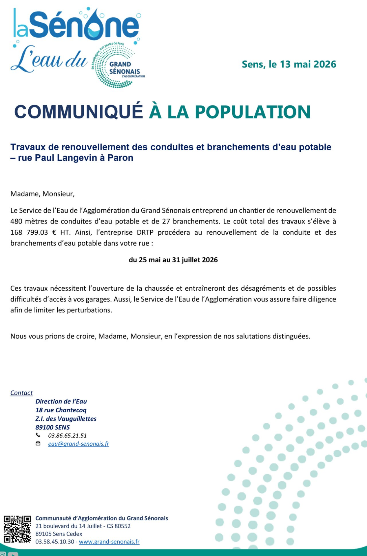 TRAVAUX DE RENOUVELLEMENT DE CONDUITES ET BRANCHEMENTS D'EAU POTABLE RUE PAUL LANGEVIN
