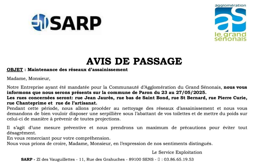 COMMUNIQUÉ À LA POPULATION RELATIF À LA MAINTENANCE DES RÉSEAUX D'ASSAINISSEMENT