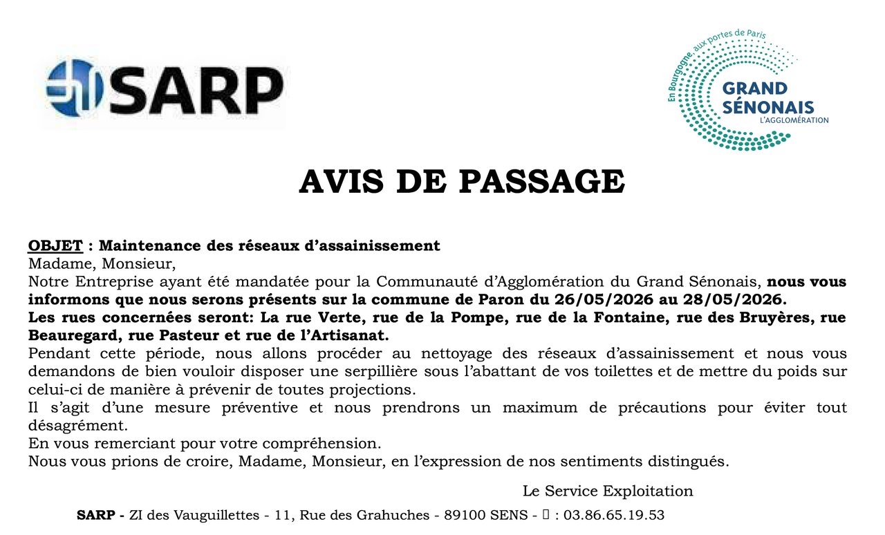 CURAGE DU RÉSEAU D'ASSAINISSEMENT D'EAUX USÉES SUR LA COMMUNE DE PARON DU 26 AU 28 MAI 2026