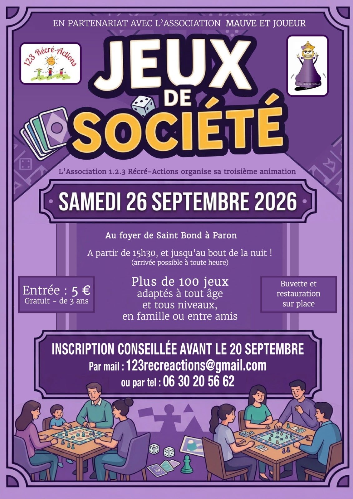  1 / 1 SOIRÉE JEUX DE SOCIÉTÉ LE 26 SEPTEMBRE À PARTIR DE 15H30 ORGANISÉE PAR L'ASSOCIATION 123RÉCRÉ AU FOYER DE PARON.