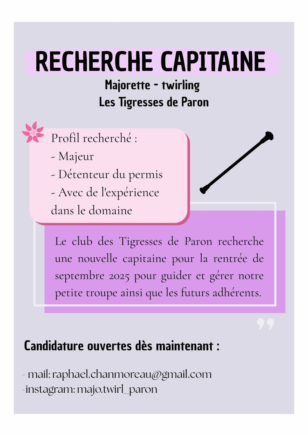 Le club des Majorettes de Paron recherche un capitaine