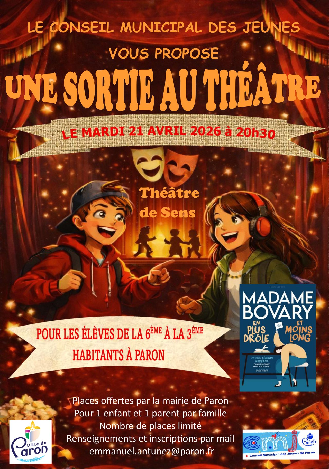 ACTION THÉÂTRE EST MISE EN PLACE PAR LE CMJ ET EST À DESTINATION DES COLLÉGIENS HABITANT PARON.