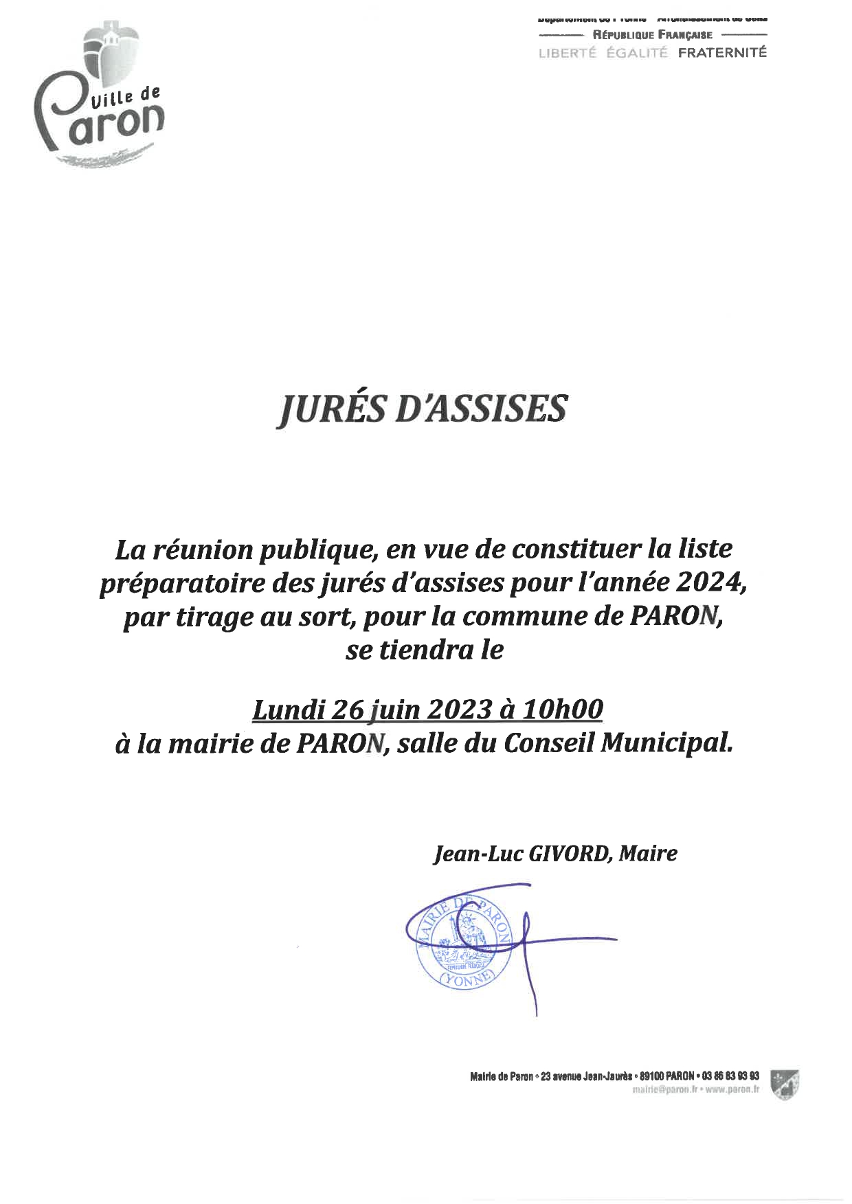 Réunion publique - Liste préparatoire des jurés d'assises pour l'année 2024