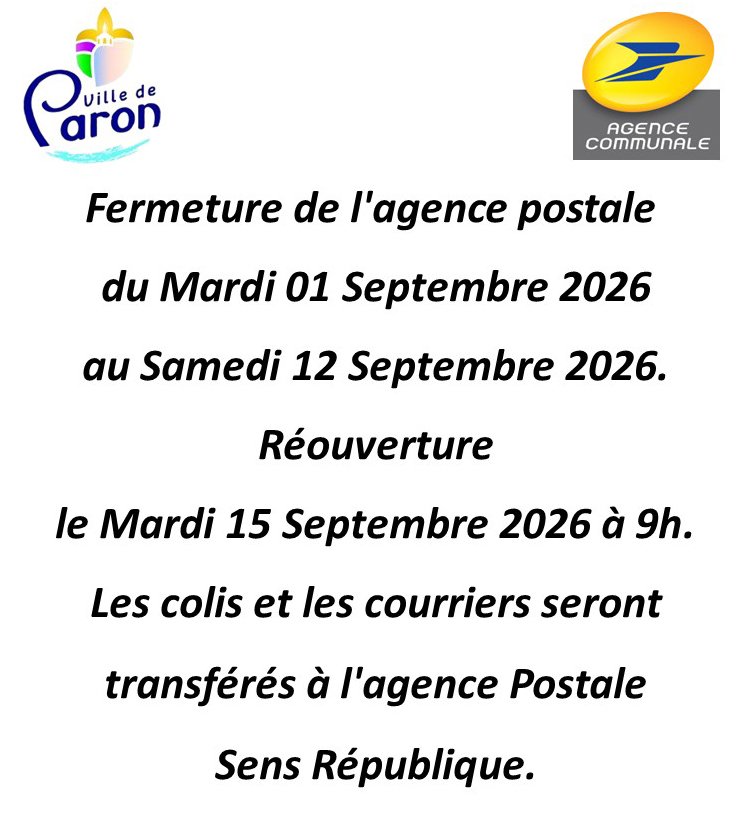 L'AGENCE POSTALE SERA FERMÉE DU MARDI 01 SEPTEMBRE 2026 AU SAMEDI 12 SEPTEMBRE 2026.