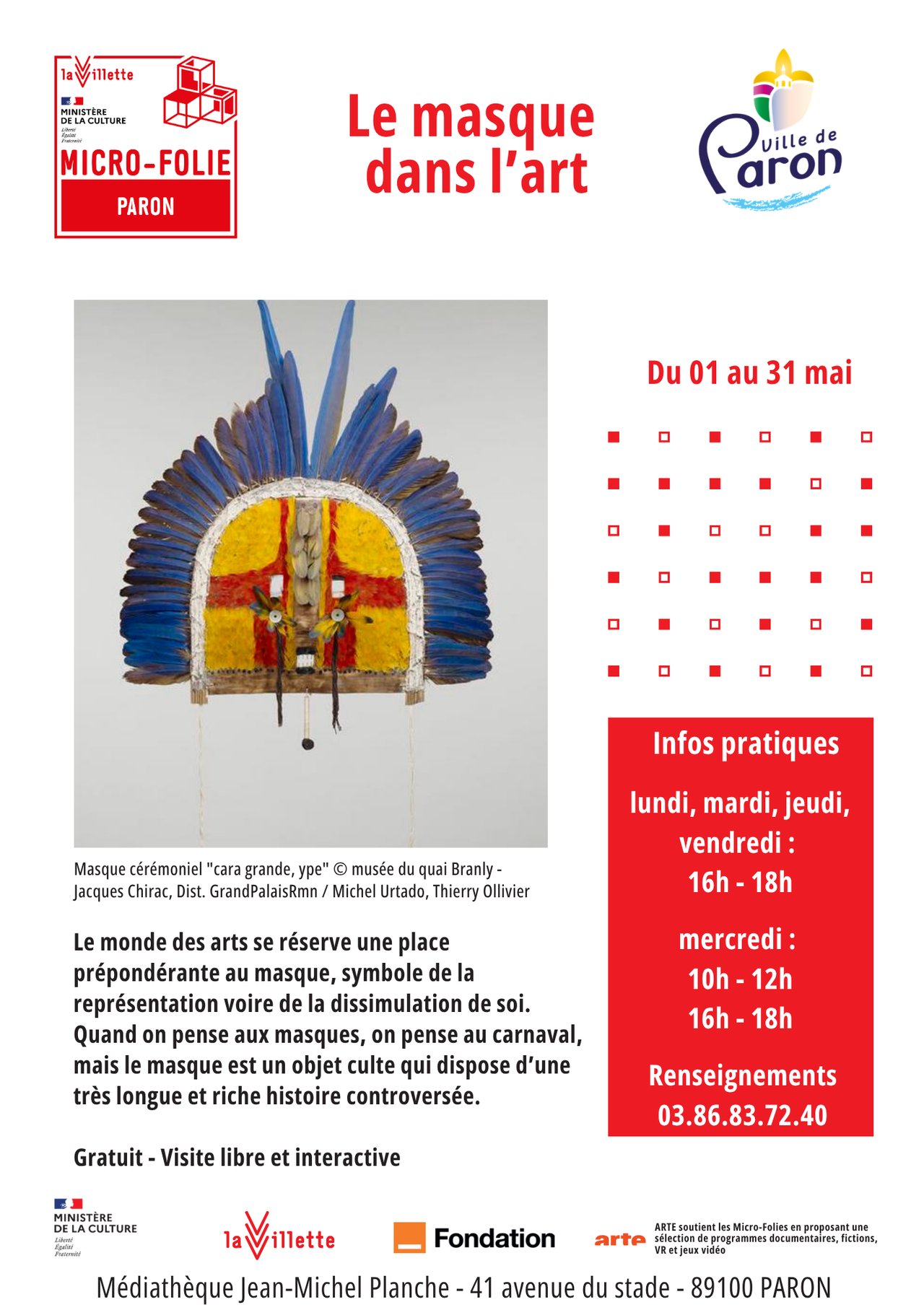 LE MASQUE DANS L'ART AU PROGRAMME DE MICRO-FOLIE DU MOIS DE MAI 2026, MÉDIATHÈQUE DE PARON.