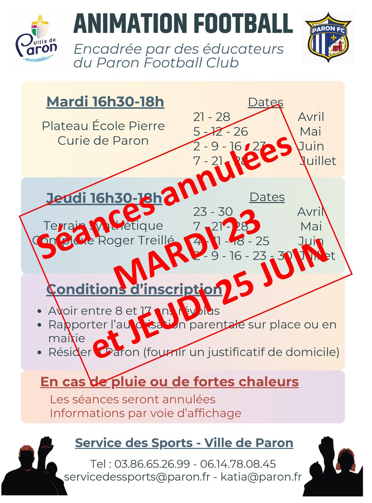 ANNULATION DES SÉANCES « FOOT GRATUIT » DU MARDI 23 ET JEUDI 25 JUIN 2026