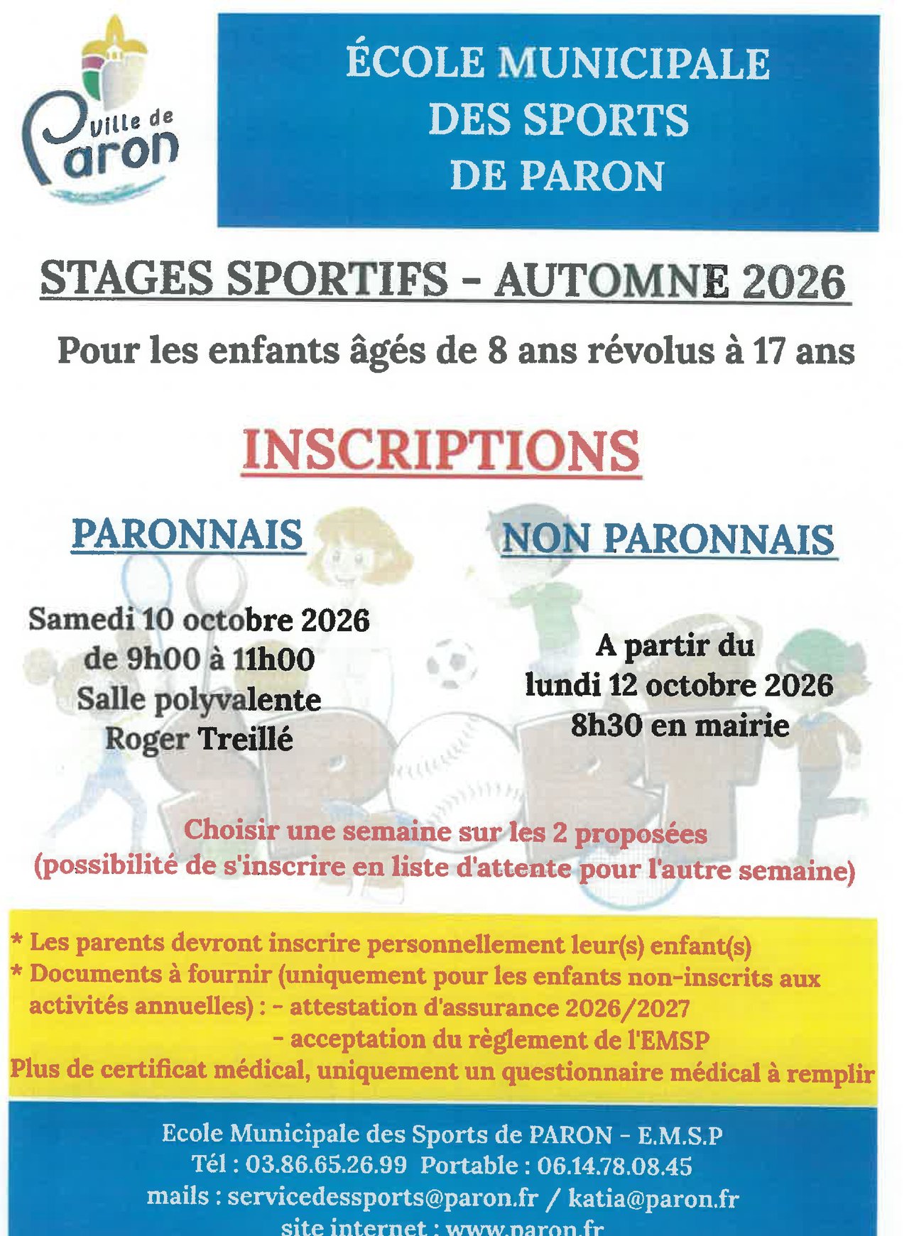 INSCRIPTIONS POUR LES STAGES SPORTIFS DE TOUSSAINT À PARTIR DU 10 OCTOBRE.