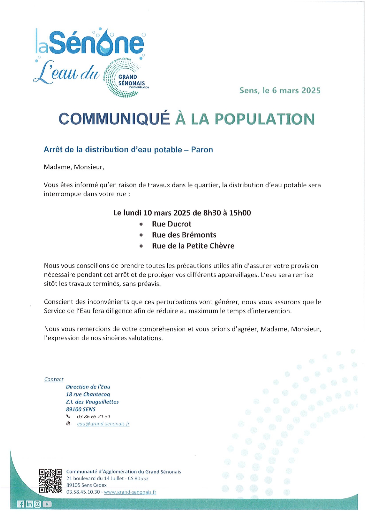 Arrêt d'eau du 10/03/25