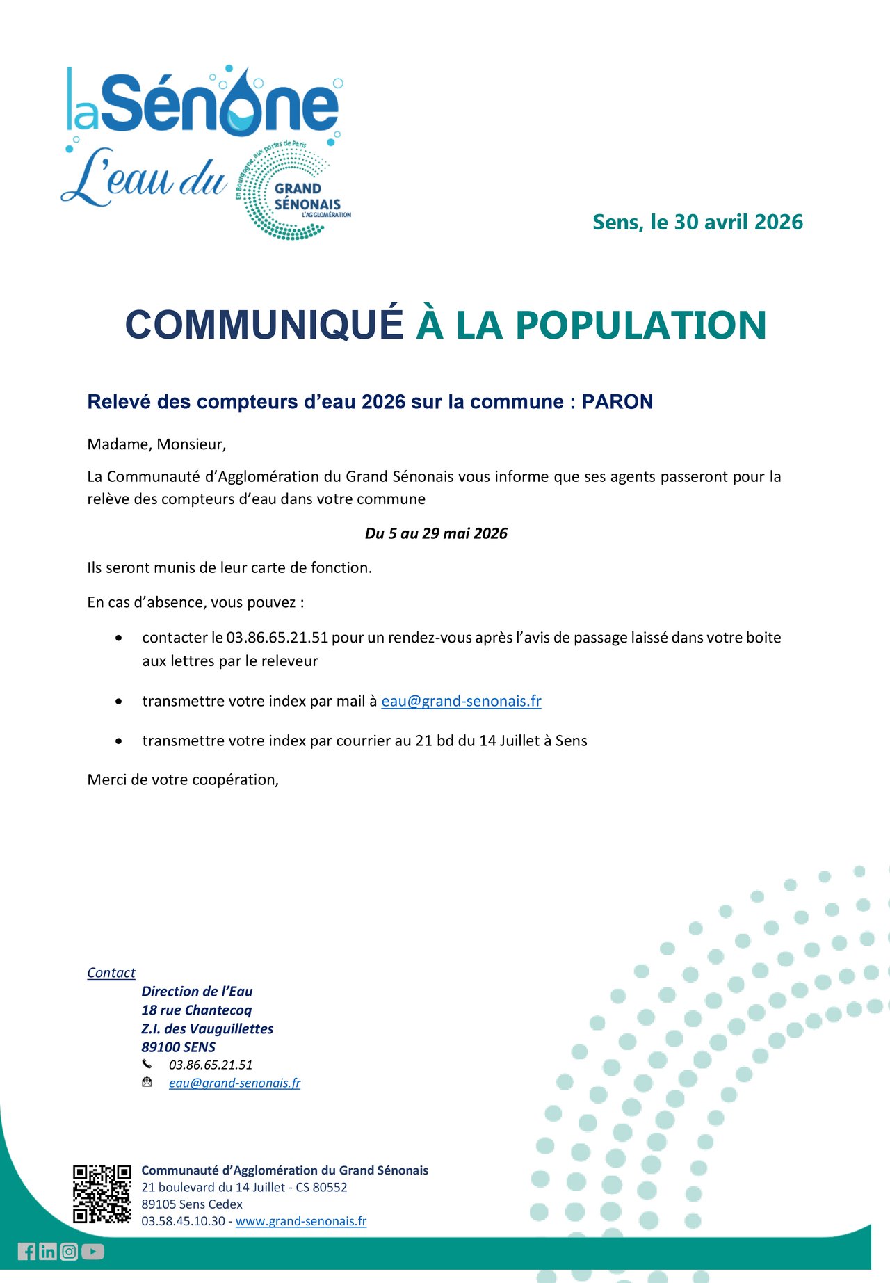 RELEVÉ DES COMPTEURS D’EAU 2026 SUR LA COMMUNE : PARON