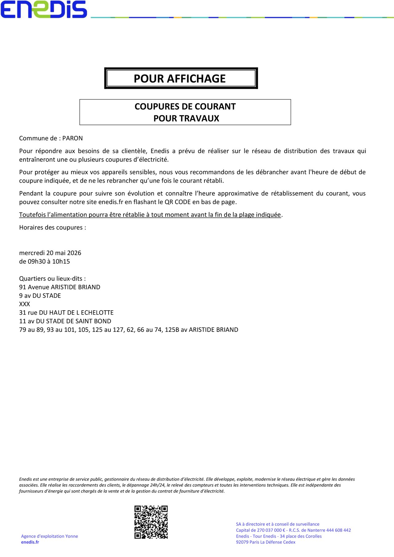 COUPURES DE COURANT POUR TRAVAUX