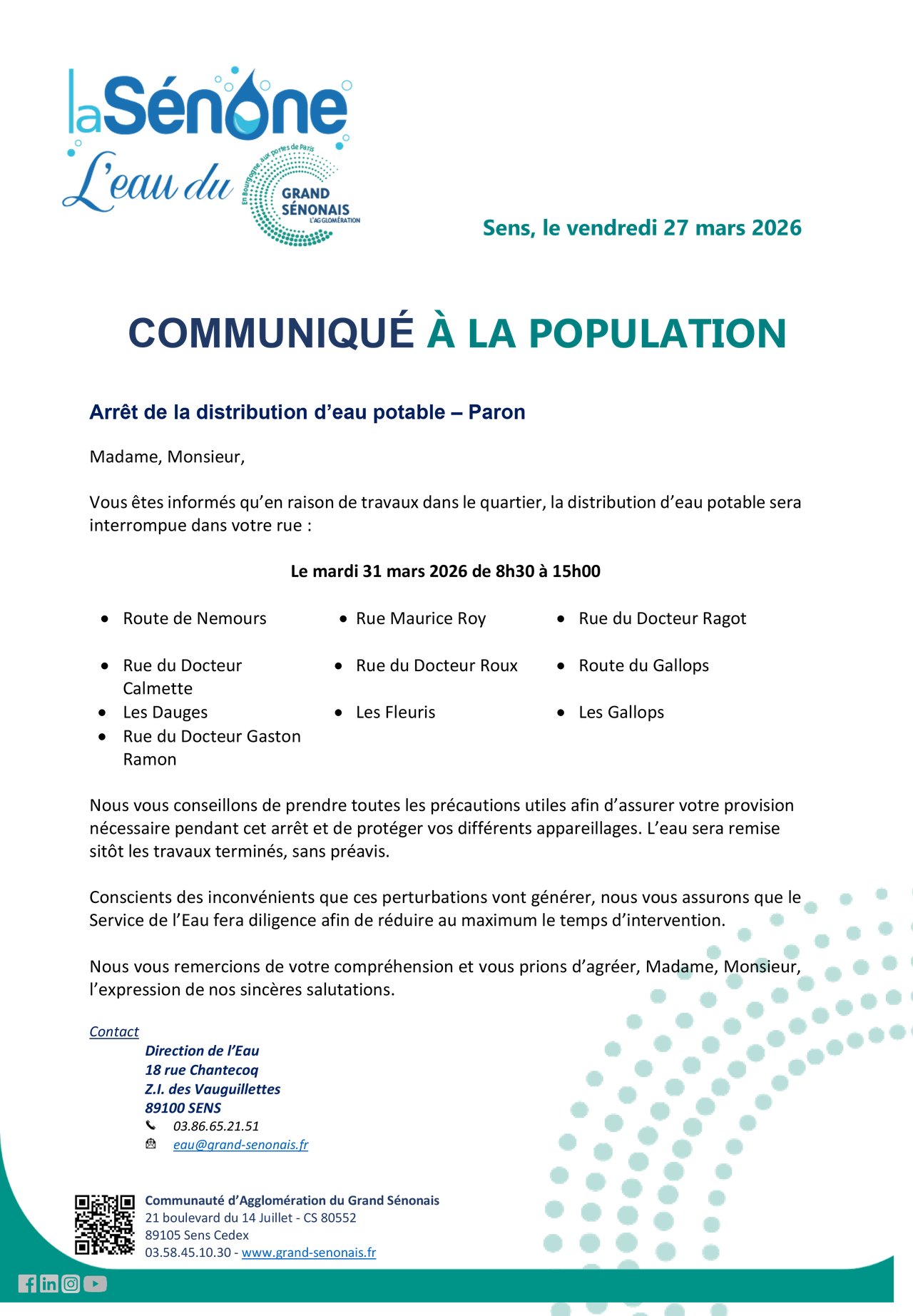 ARRÊT DE LA DISTRIBUTION D’EAU POTABLE –  PARON