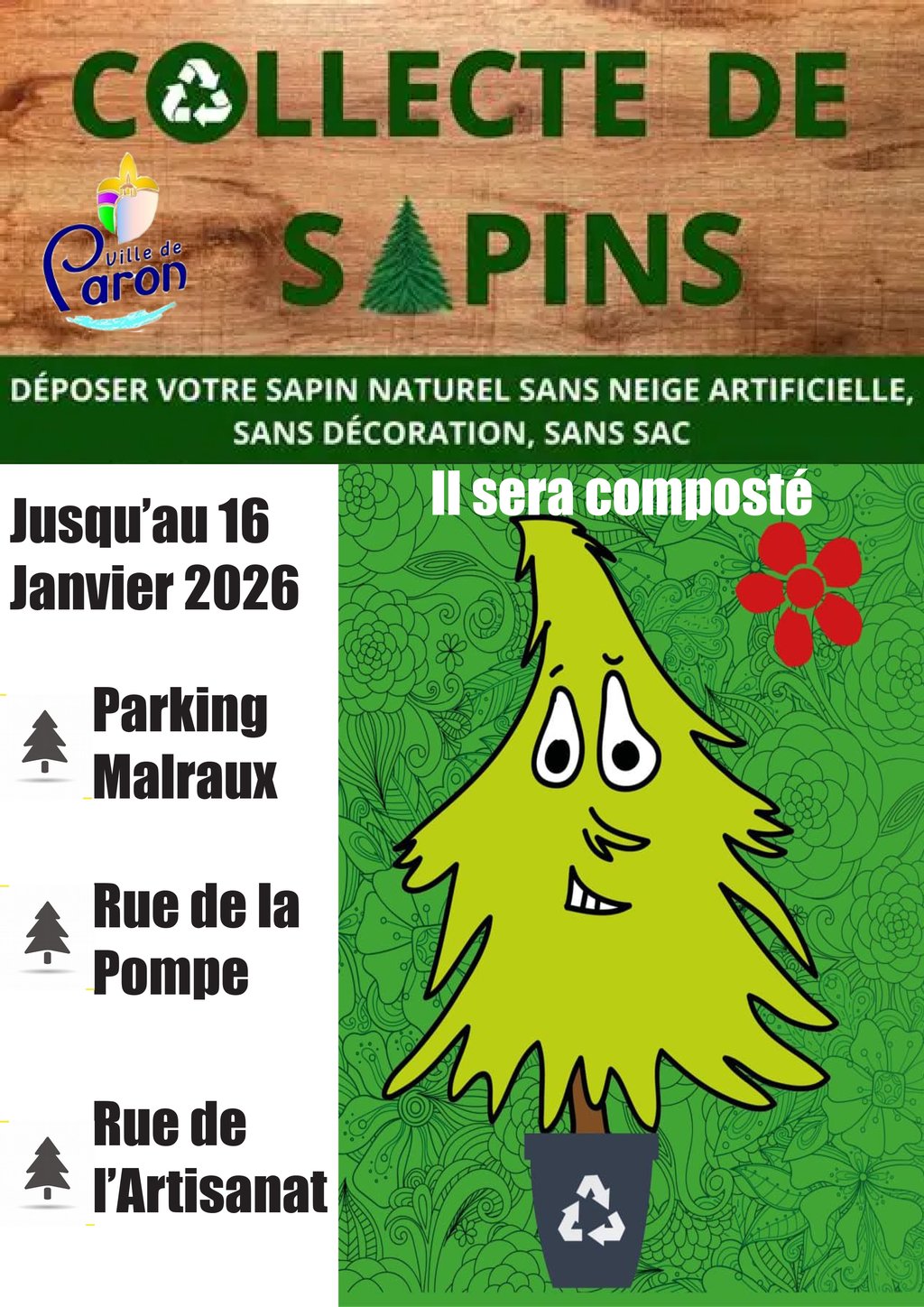 TROIS POINTS DE COLLECTE DE SAPINS DE NOËL JUSQU'AU 16 JANVIER 2026